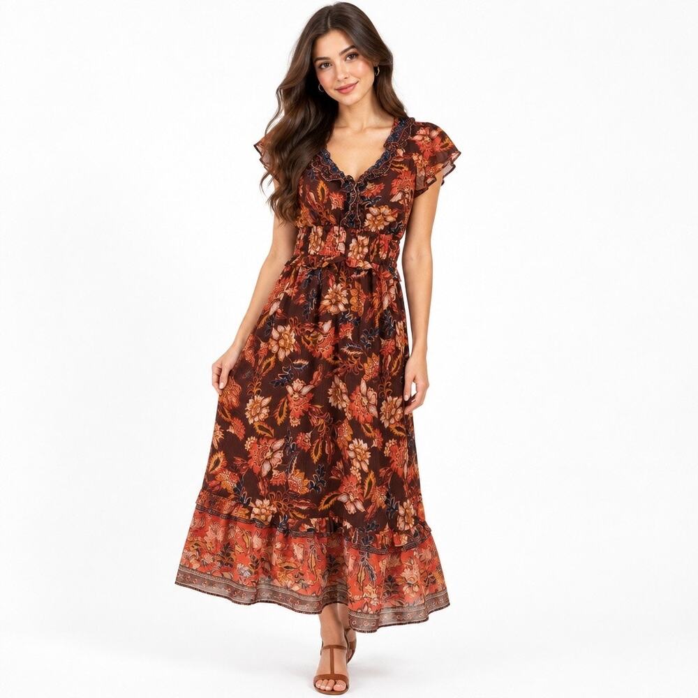 Old Navy Fall Floral Ruffle Midi Dress Brown Orange Boho Medium Coquette